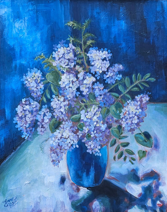 Lilacs in Blue Vase 16x20 Acrylic Painting