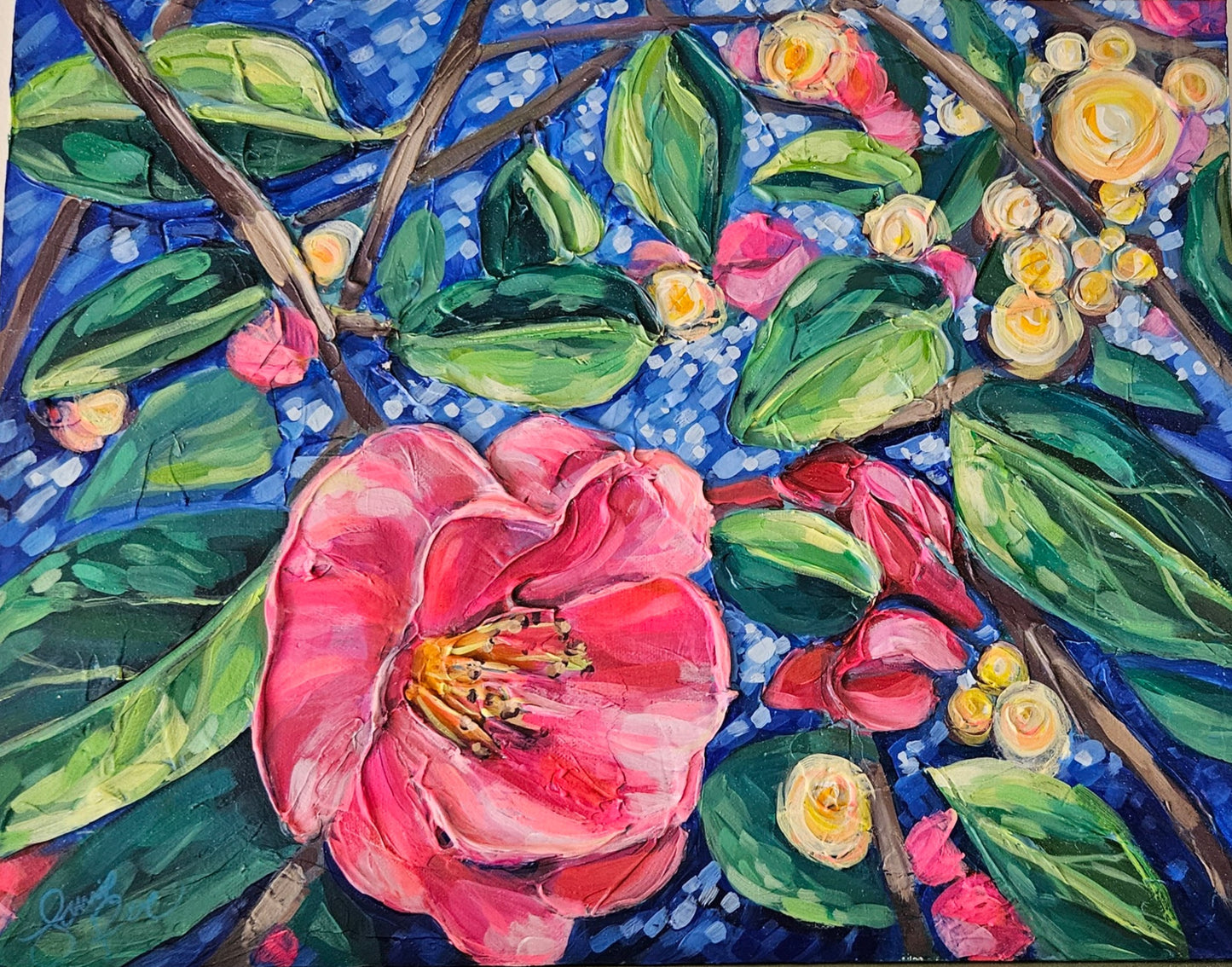 Glow through the Camellia 14x18 Acrylic Painting