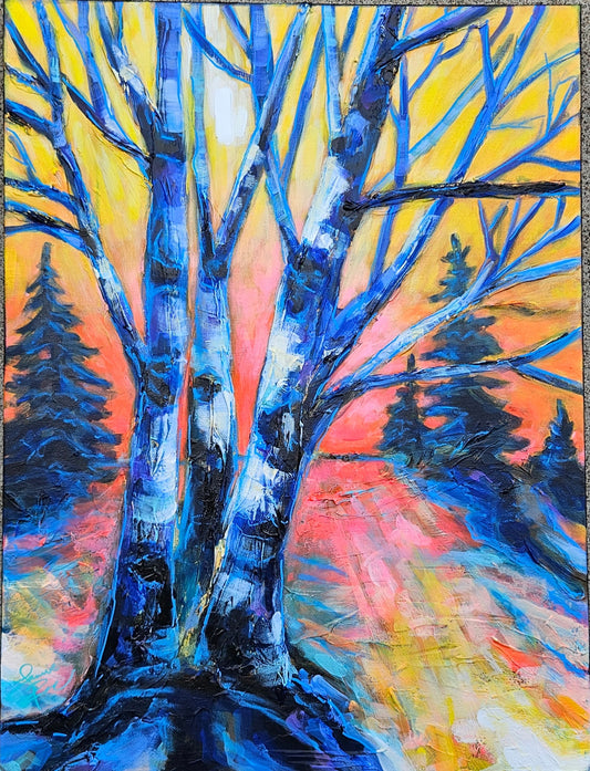 Blue Birch Sunset 19x25 Acrylic Painting